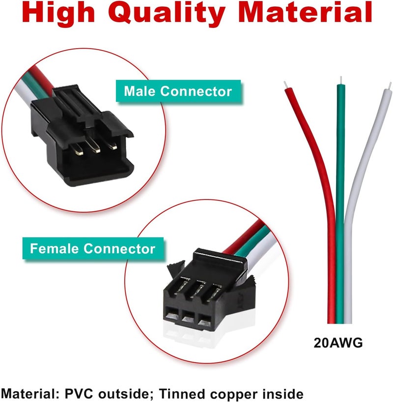 VISDOLL 30 Pairs JST SM 3 Pin Connectors 15cm 20AWG Wire Female/Male LED Connector for WS2812B WS2811 WS2812 WS2814 SK6812 CCT LED Strip Light - Image 3
